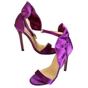 WOMEN'S PURPLE SATIN RUFFLE OPEN TOE STILETTOS SZ 5.5 EU36